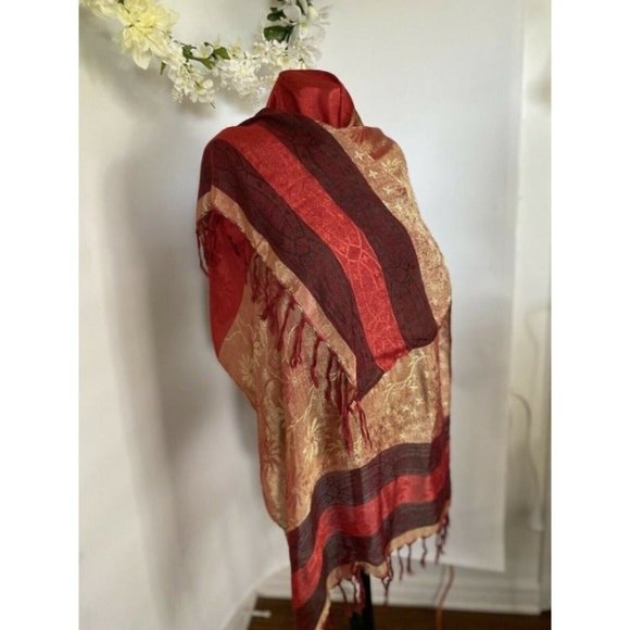Vintage Shiny Scarf Shawl with Fringe Woman's Red Gold Rectangular Scarf 60"X24" - Picture 1 of 10